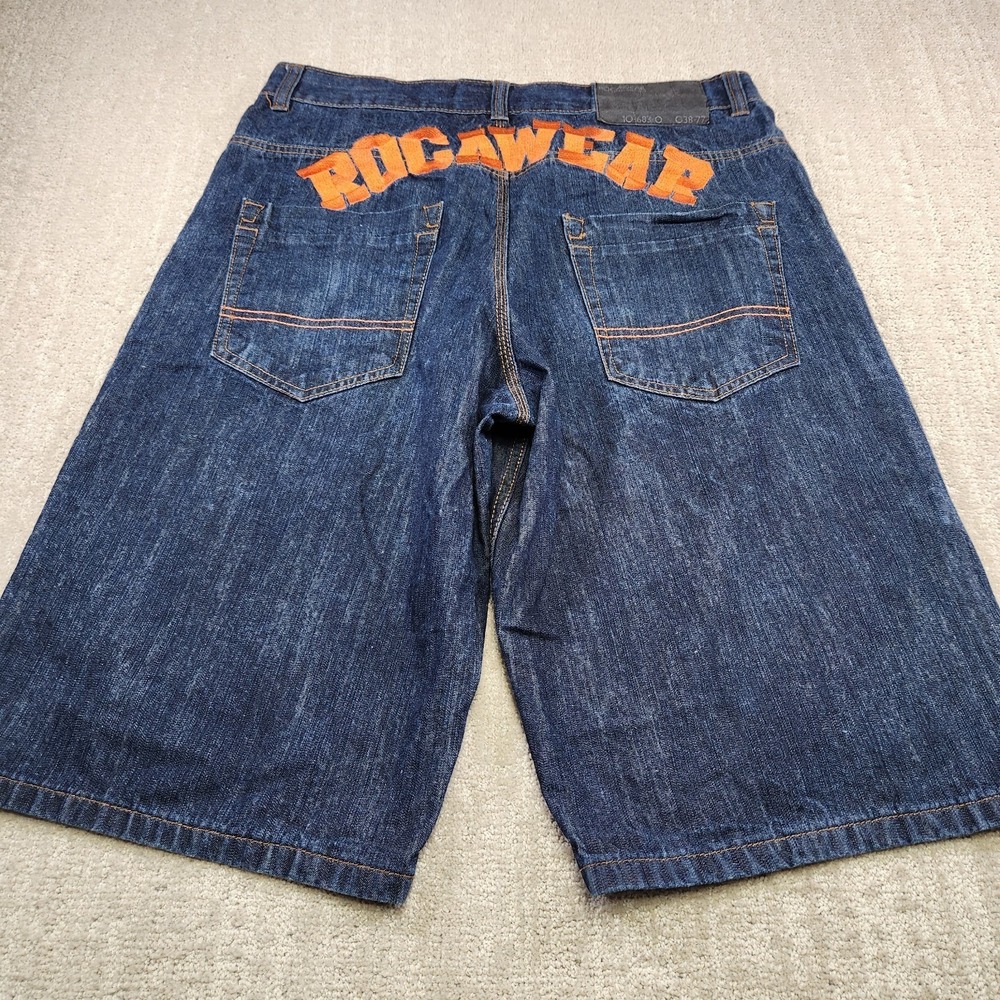 Vintage Y2K Denim Shorts Men 38 RocaWear Baggy Wide Leg Embroidered Jorts